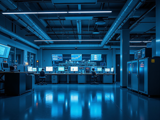 企业办公环境，现代化科技公司内部，员工正在讨论技术方案，高科技设备环绕，蓝色灯光氛围