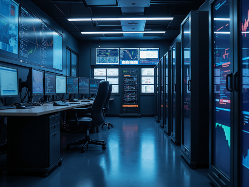 高科技数据中心内部，服务器机架排列整齐，蓝色LED指示灯闪烁，技术人员监控屏幕显示复杂数据图表